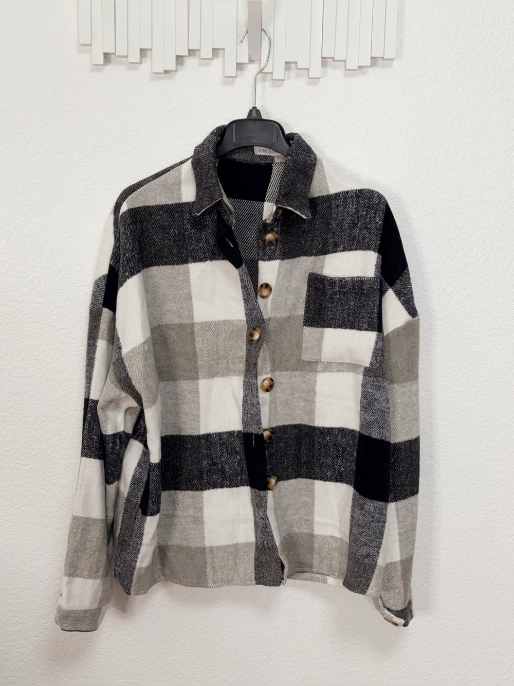 Miss Sparkling Black White Plaid Oversized Button Front Shacket Jacket